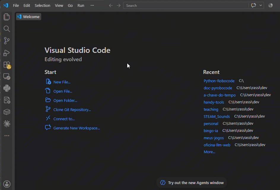 No VS Code, menu File, opção Open Folder, e a seleção da pasta Python-Robocode