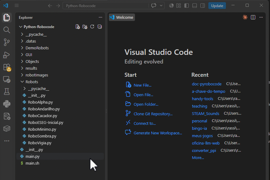 Arquivo main.py aberto no VS Code e o botão de play Run Python File sendo clicado